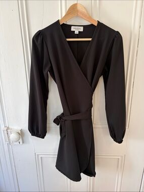 Black Long-Sleeve Wrap Mini Dress